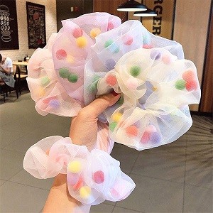 Gauze Yarn Pom Ball Ponytail Holder Elastic Hair Bands for Women