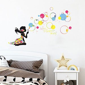Colorful Girl Blowing Bubbles Girl Wall Stickers Girls Room Bedroom Decoration Wallpaper Creative Sticker