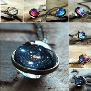 Solar System Necklace Pendant Planet Glow In Dark Galaxy Double Sided Glass Dome