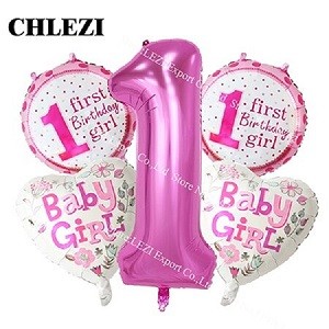 CHLEZI 5 pcs/set Baby 1st Birthday Foil balloons Combination suit pink Blue Number Birthday Party Decorations kids Foil Balloon