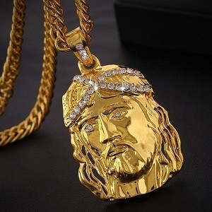 Classic Religious Style Unisex Gold Color Inlaid Zircon Big Jesus Head Pendant Necklace