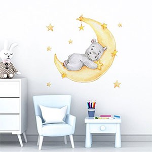 Cartoon Moon Hippo Wall Sticker For Kids Baby Room Decoration Stickers Animals Beautify Wallpaper